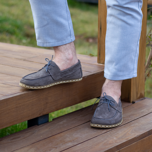 Gray Nubuck Men's Leather Earthing Barefoot Shoes-Nefes Shoes