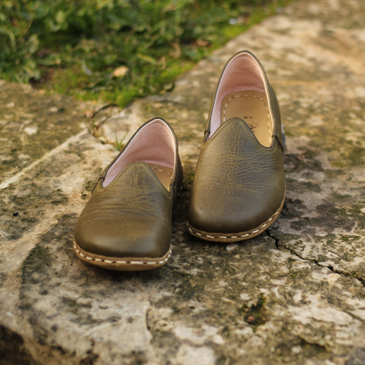 Barefoot Military Green Leather Shoes: Handmade-Nefes Shoes
