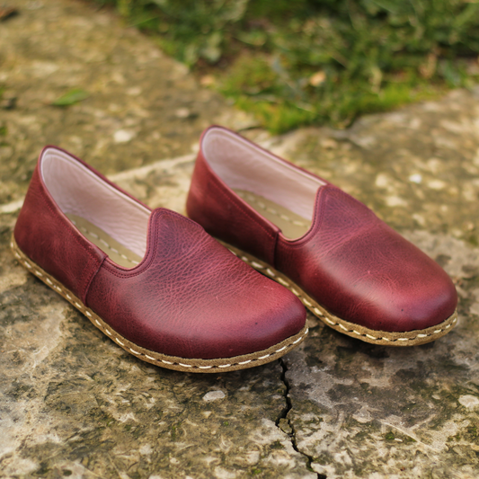 Handmade Classic Crazy Burgundy Barefoot Leather Shoes