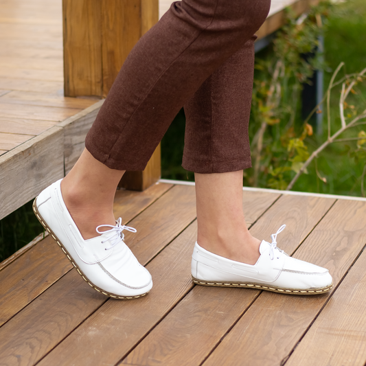 White Women's Leather Earthing Barefoot Shoes-Nefes Shoes