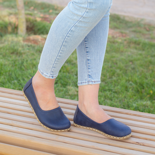 Handmade Barefoot Leather Shoes for Women in Navy Blue-Nefes Shoes