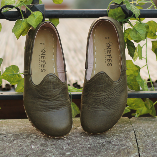 Barefoot Military Green Leather Shoes: Handmade-Nefes Shoes