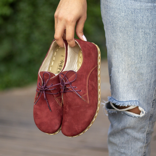 Earthing Shoes With Copper, Oxford Style Lace-up for Women, Burgundy Nubuck