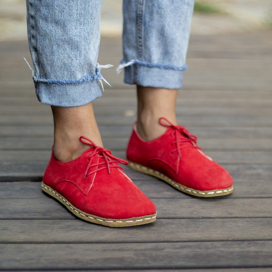 Earthing Shoes With Copper, Oxford Style Lace-up for Women, Red Nubuck