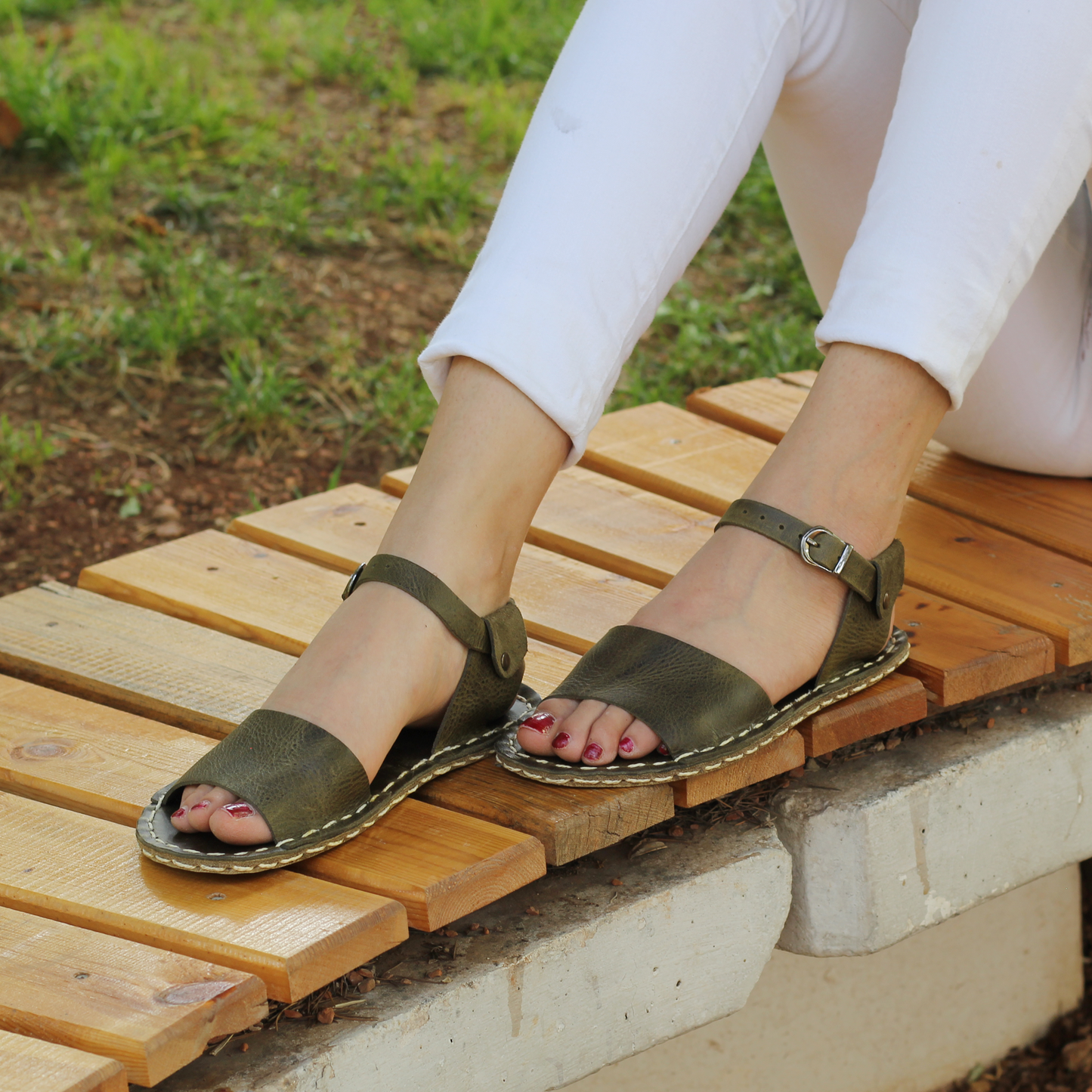 BAND Barefoot huarache Leather handmade sandals women open toe / Olive Green