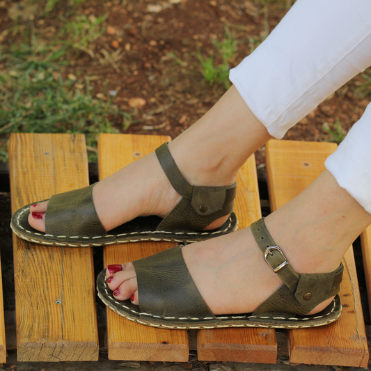 BAND Women's Olive Green Leather Barefoot Huarache Sandals