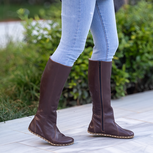 Bitter Brown Women's Leather Barefoot Earthing Long Boots-Nefes Shoes