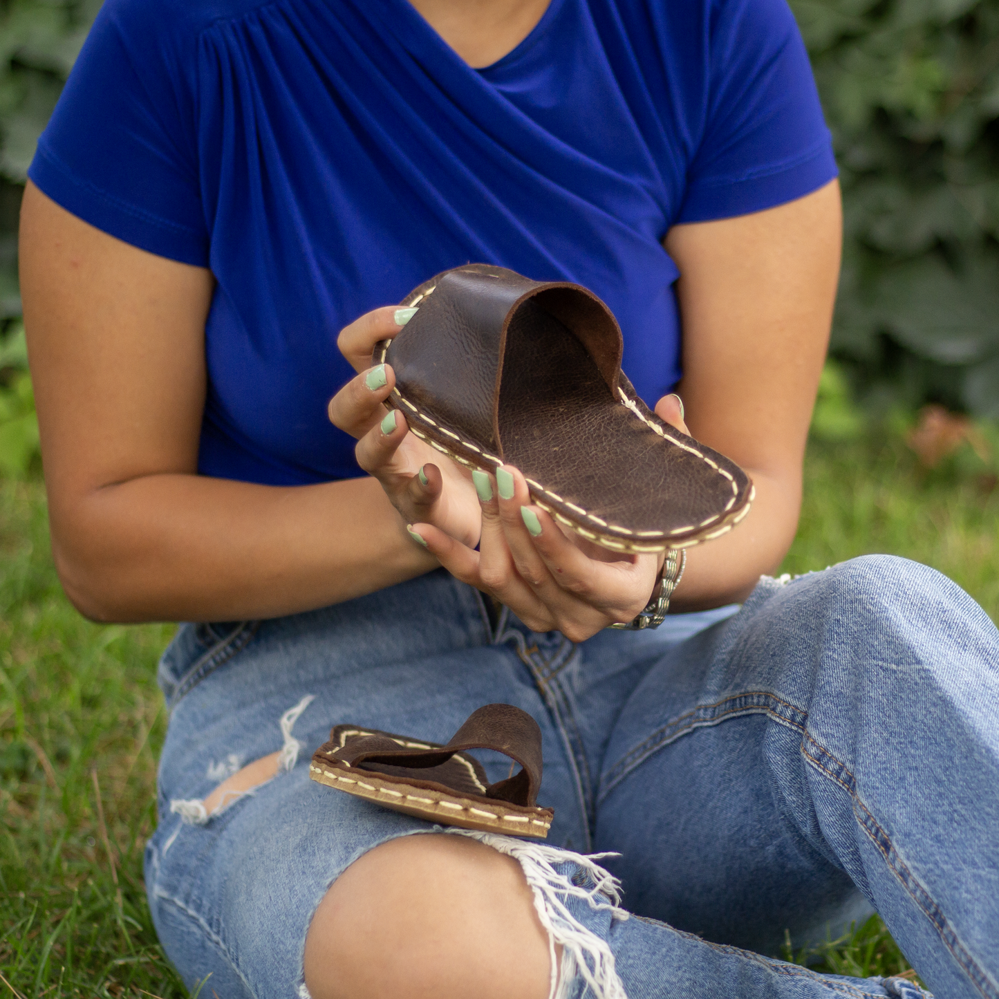 Tape Handmade Brown Leather Slippers for Women