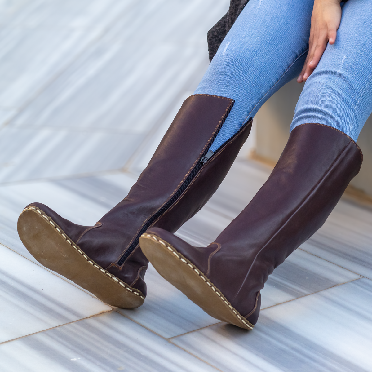 Bitter Brown Women's Leather Barefoot Earthing Long Boots