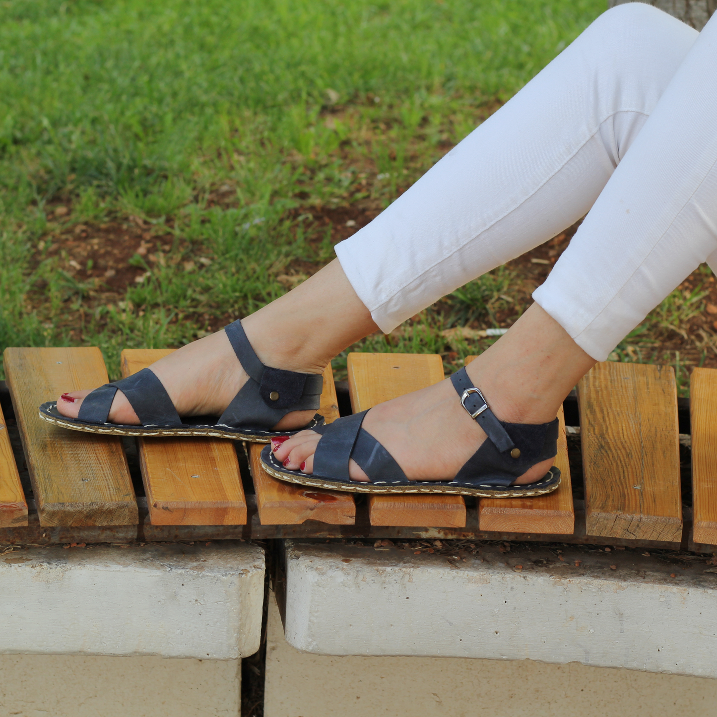 Navy Blue Leather Women's Huarache Barefoot Sandals