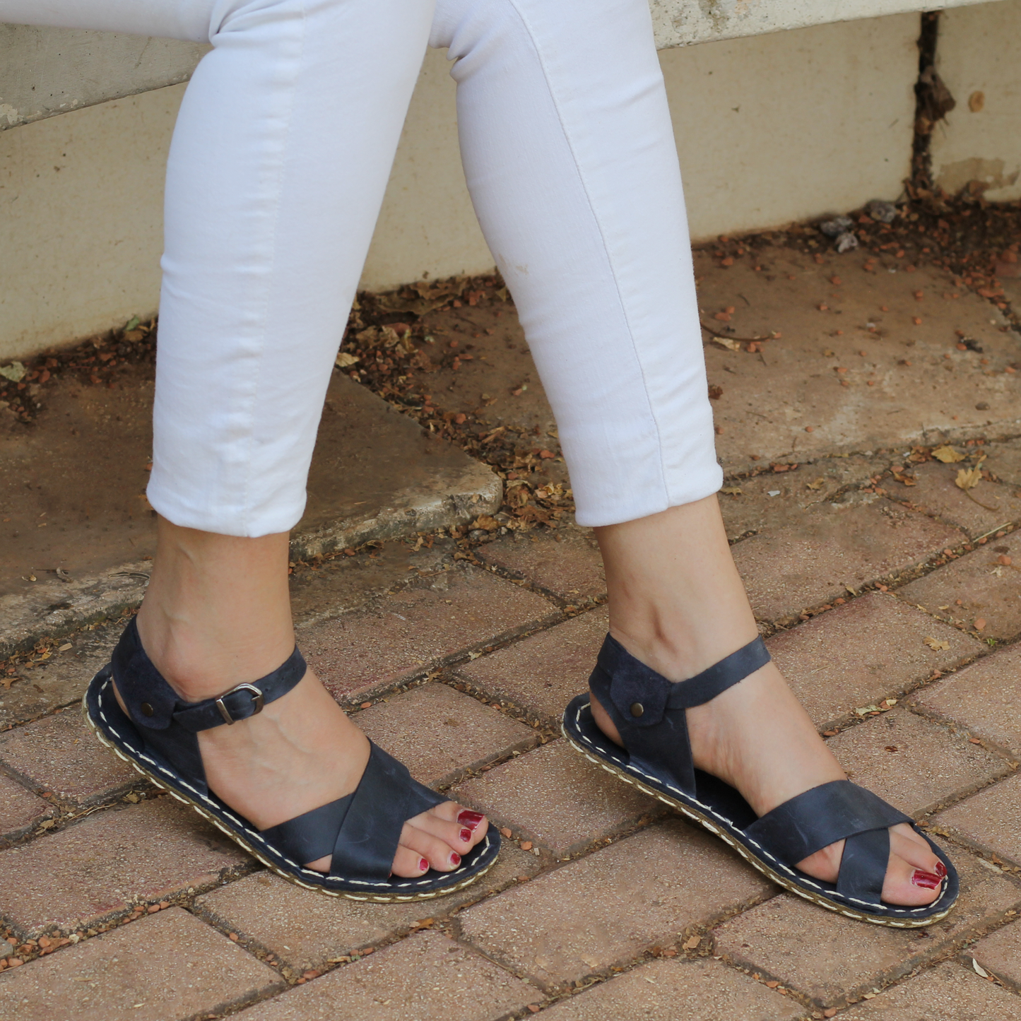 Navy Blue Leather Women's Huarache Barefoot Sandals