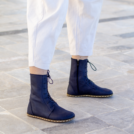 Barefoot Grounding Effect Navy Blue Leather Boots For Women