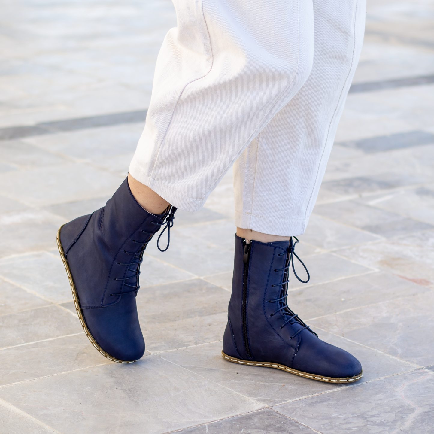 Earthing Leather Boots | Barefoot Women Boot | Grounding Copper Rivet | Buffalo Leather Outsole | Crazy Navy Blue