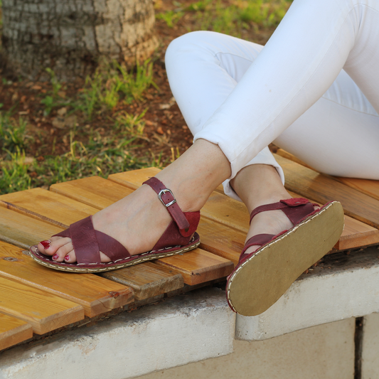 Burgundy Leather Women's Huarache Barefoot Sandals-Nefes Shoes