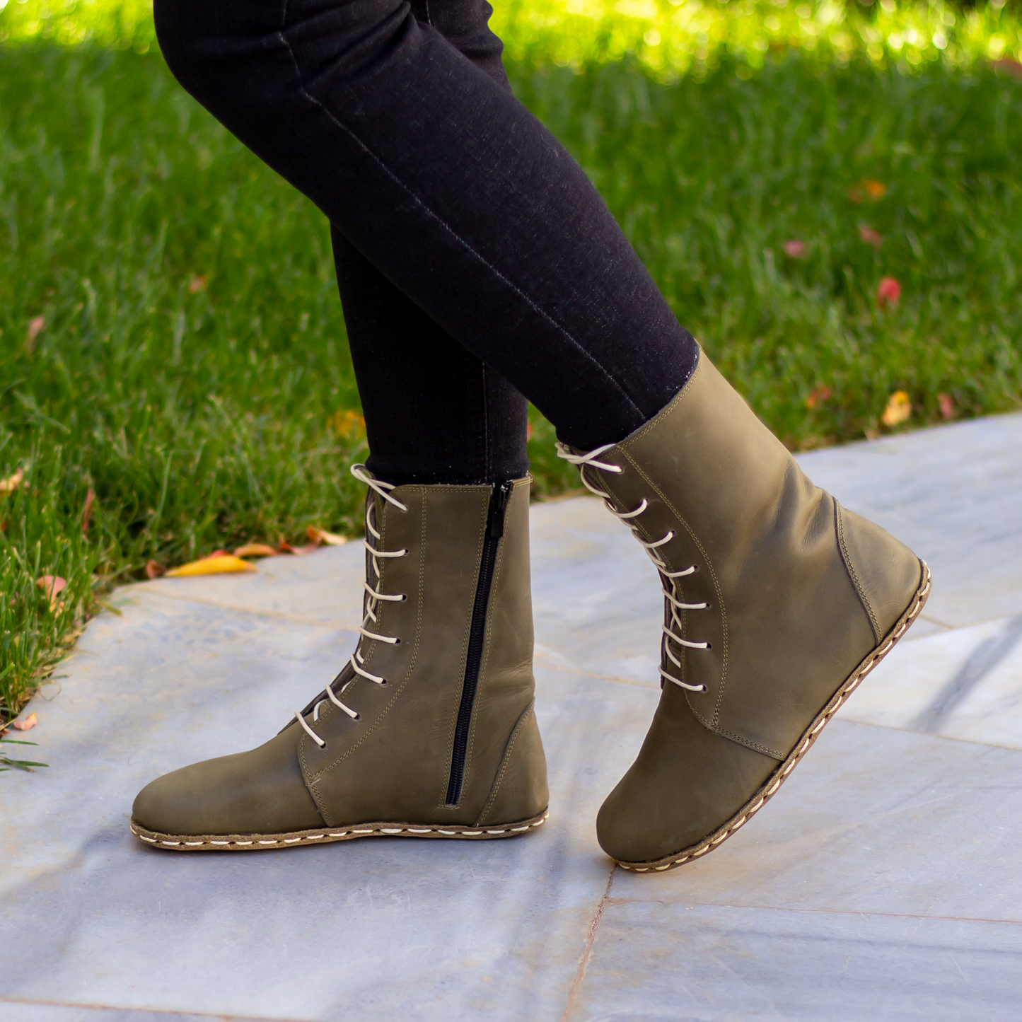 Green Leather Boot | Barefoot Women Boot | Earthing Leather Boots | Grounding Copper Rivet | Buffalo Leather Outsole | Crazy Olive Green