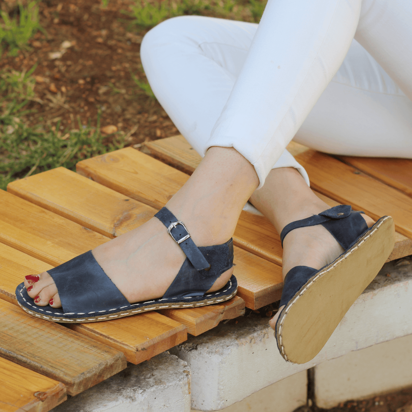 BAND Barefoot huarache Leather handmade sandals women open toe / Navy Blue