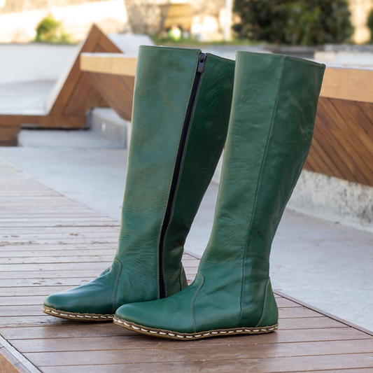 Green Women's Leather Barefoot Earthing Long Boots-Nefes Shoes