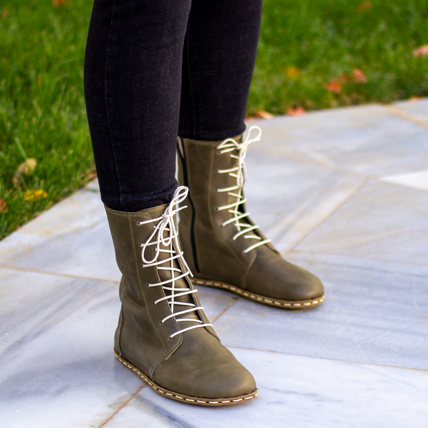 Green Leather Boot | Barefoot Women Boot | Earthing Leather Boots | Grounding Copper Rivet | Buffalo Leather Outsole | Crazy Olive Green