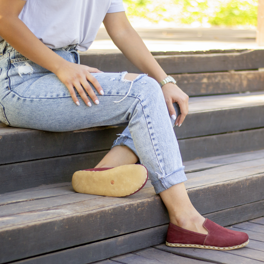 Leather Barefoot Handmade Women's Shoes - Nubuck Burgundy