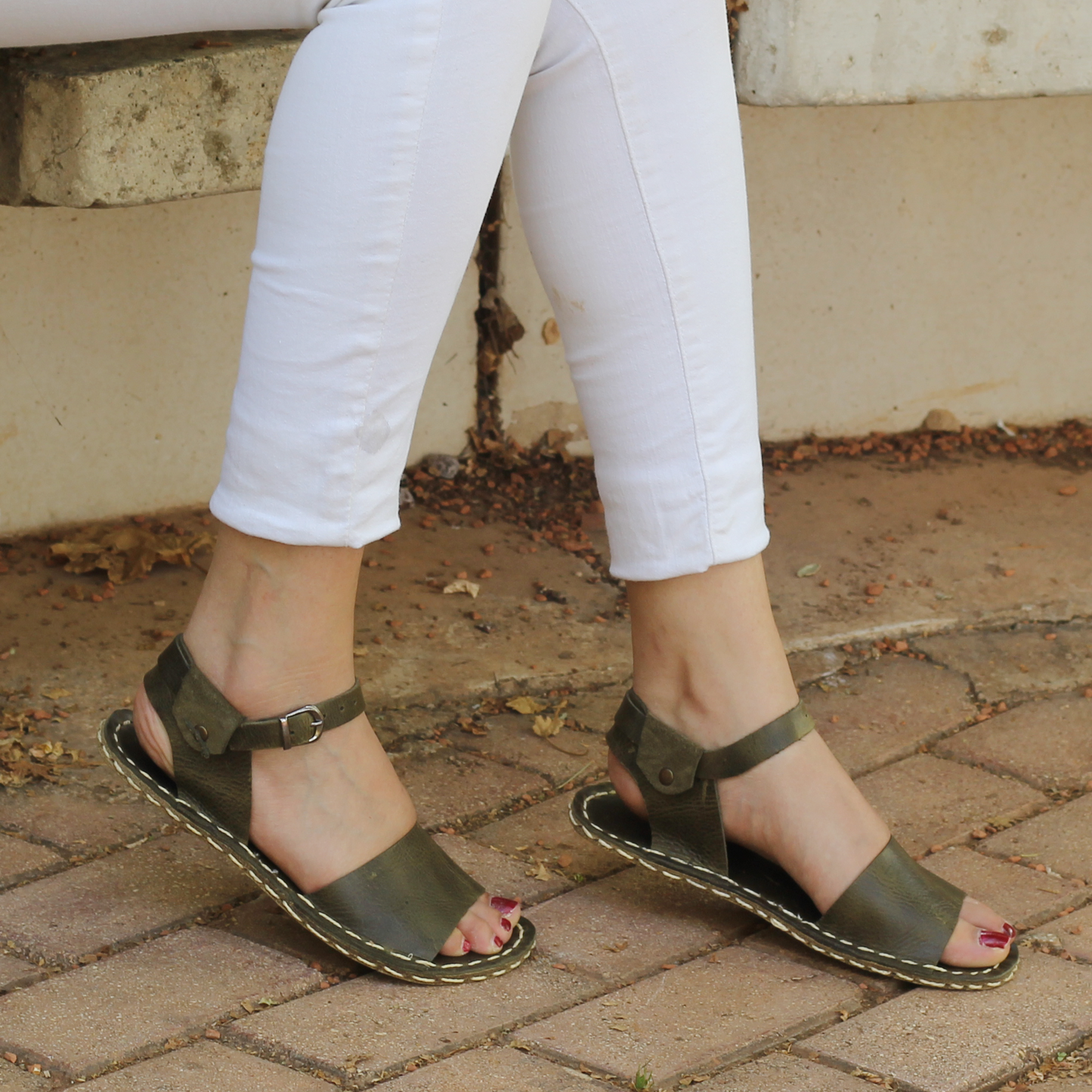 BAND Women's Olive Green Leather Barefoot Huarache Sandals-Women's Sandals-Nefes Shoes-3-Nefes Shoes