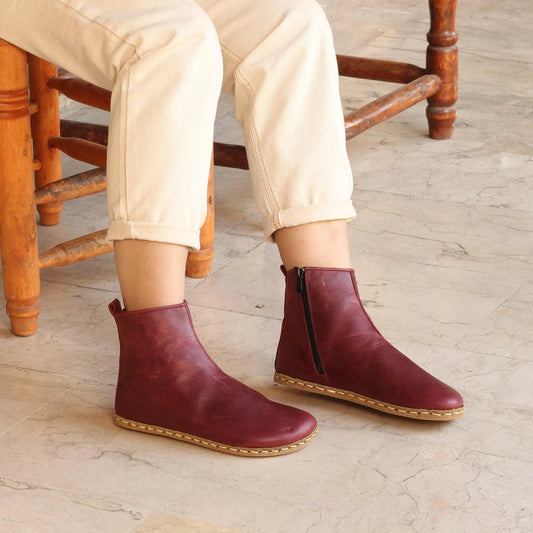 barefoot boots for women with zipper burgundy