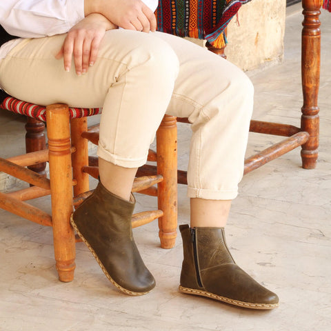 barefoot boots for women with zipper olive green