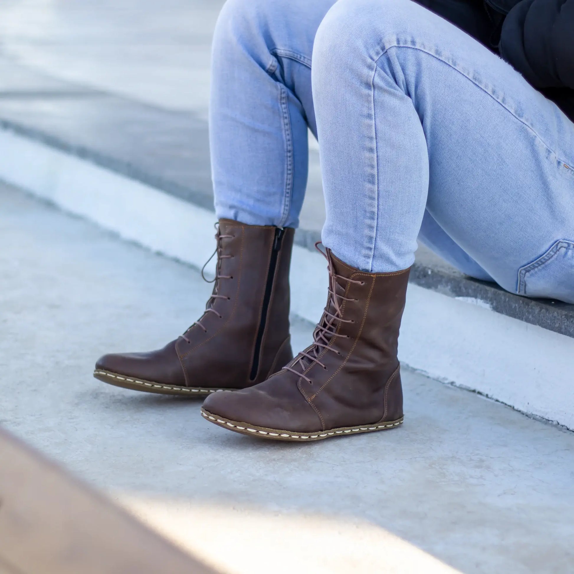 barefoot grounding brown lace up leather boots men