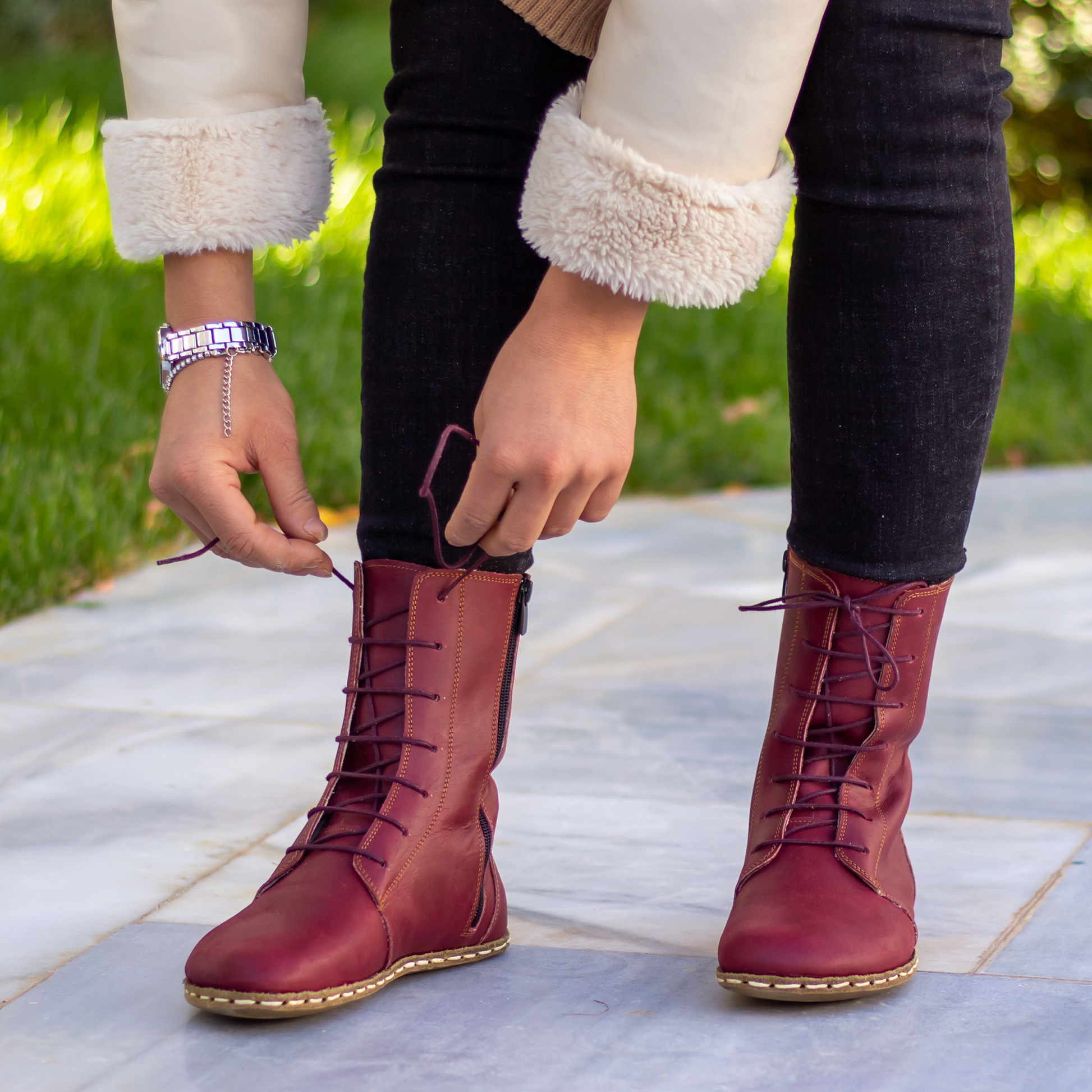 Barefoot Grounding Effect Burgundy Leather Boots For Women-Women Barefoot Shoes Modern-Nefes Shoes-5-Nefes Shoes