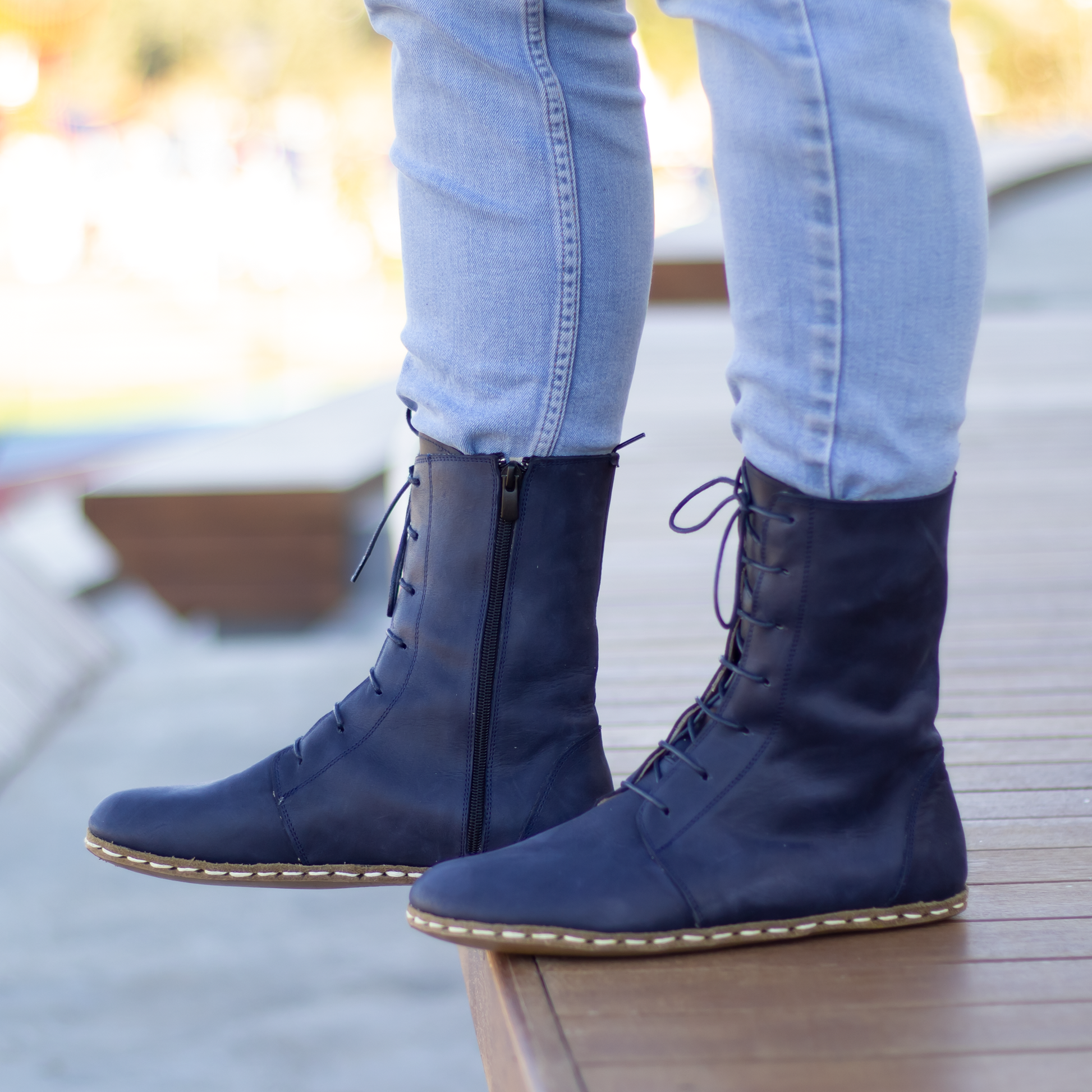 Navy blue flat ankle boots best sale