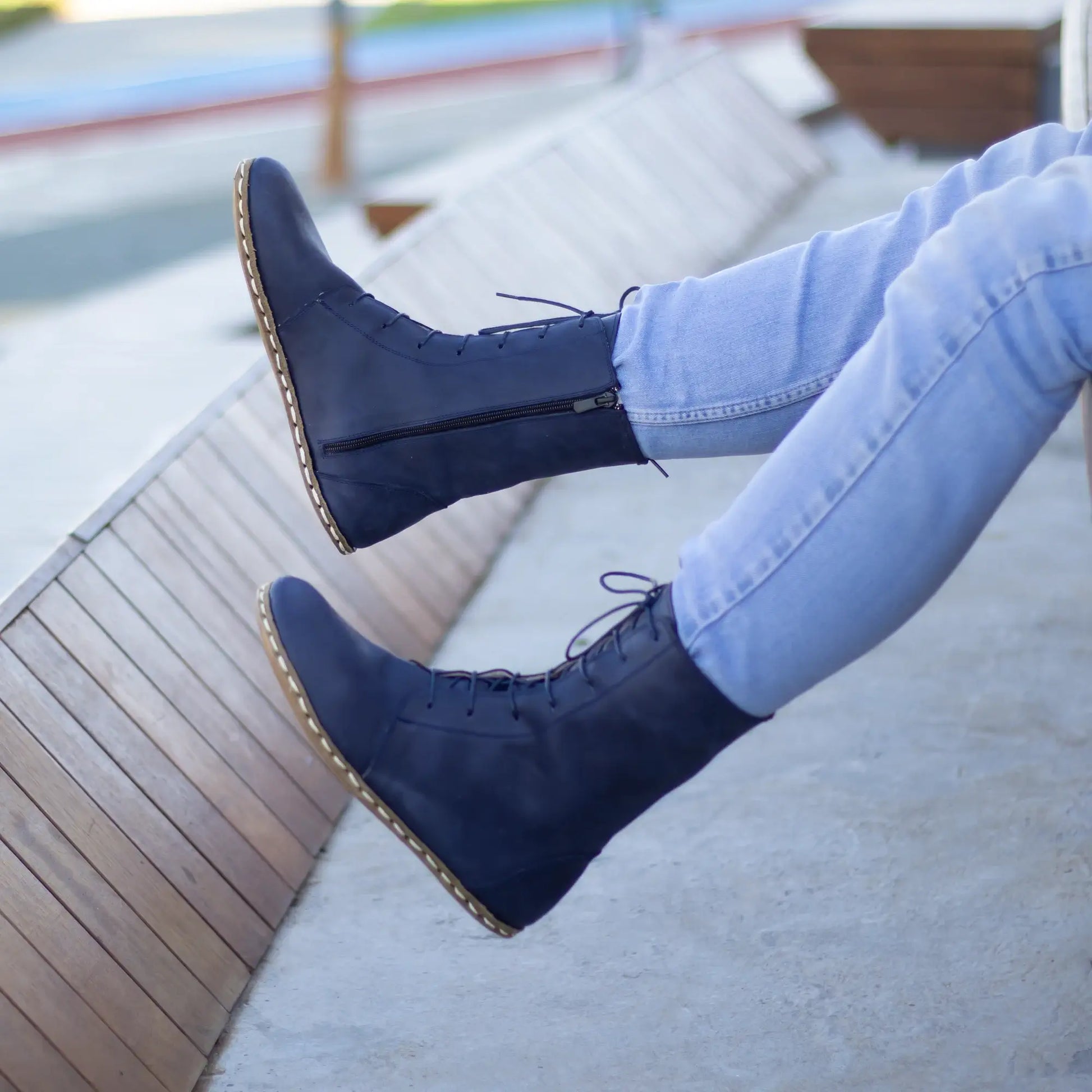 barefoot grounding navy blue lace up leather boots men