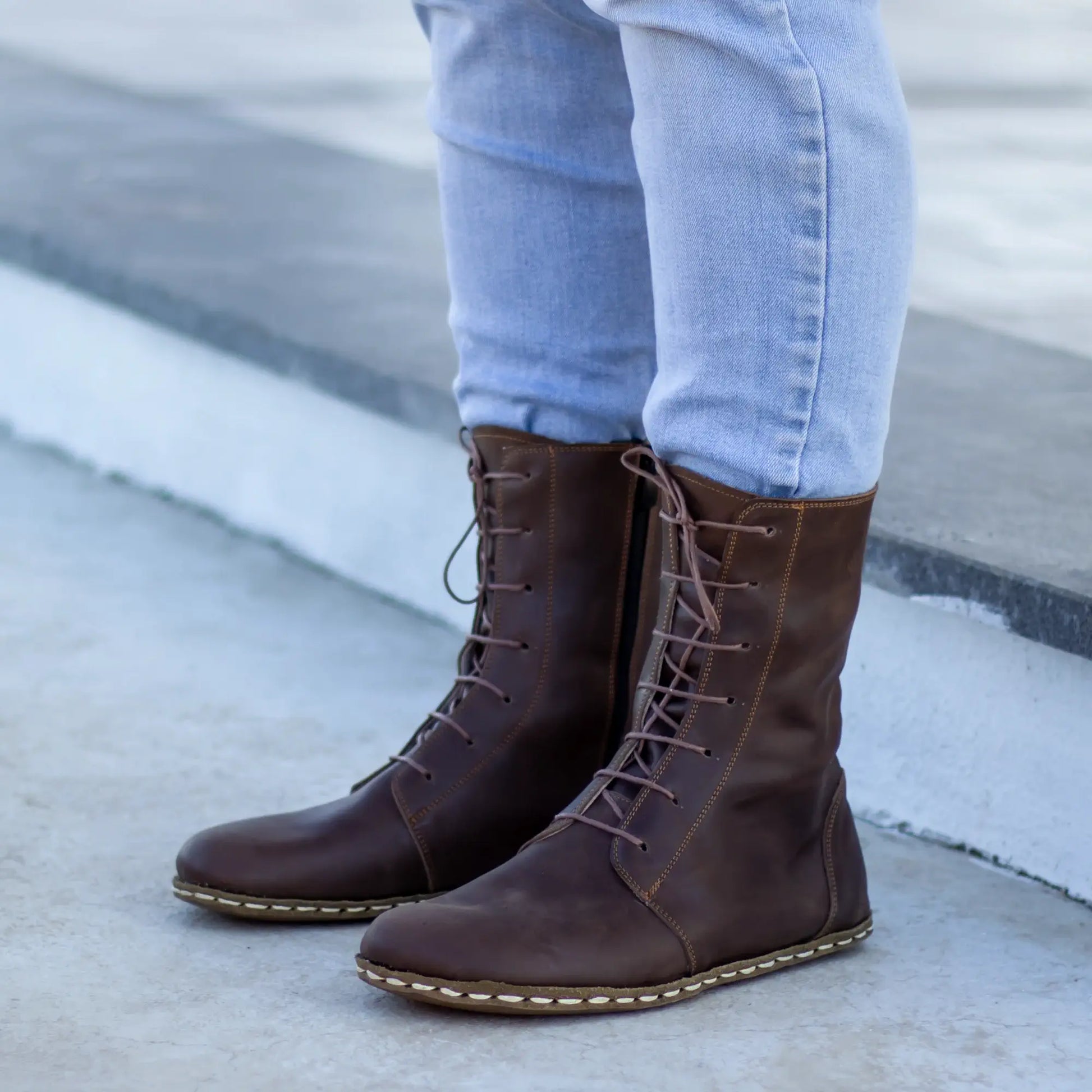 barefoot leather lace up brown boots for men