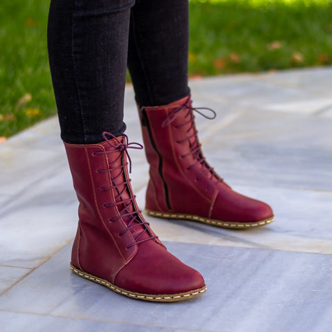 barefoot leather lace up burgundy boots for women
