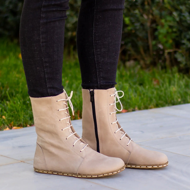 barefoot leather lace up cream boots for women