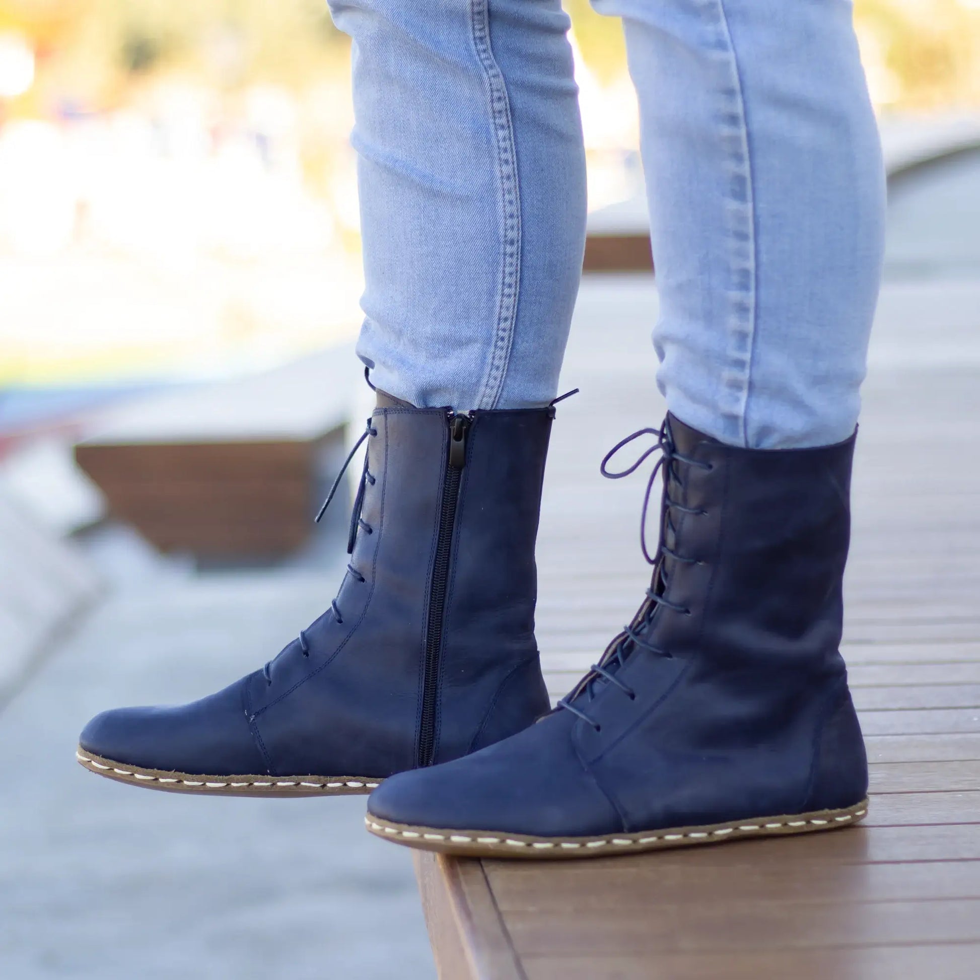 barefoot leather lace up navy blue boots for men