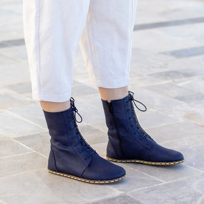 barefoot leather lace up navy blue boots for women