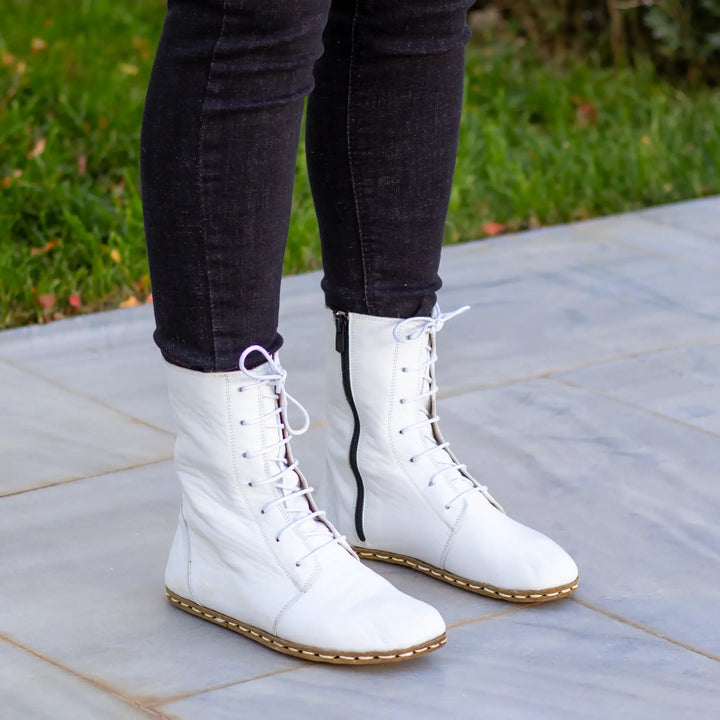 barefoot leather lace up white boots for women
