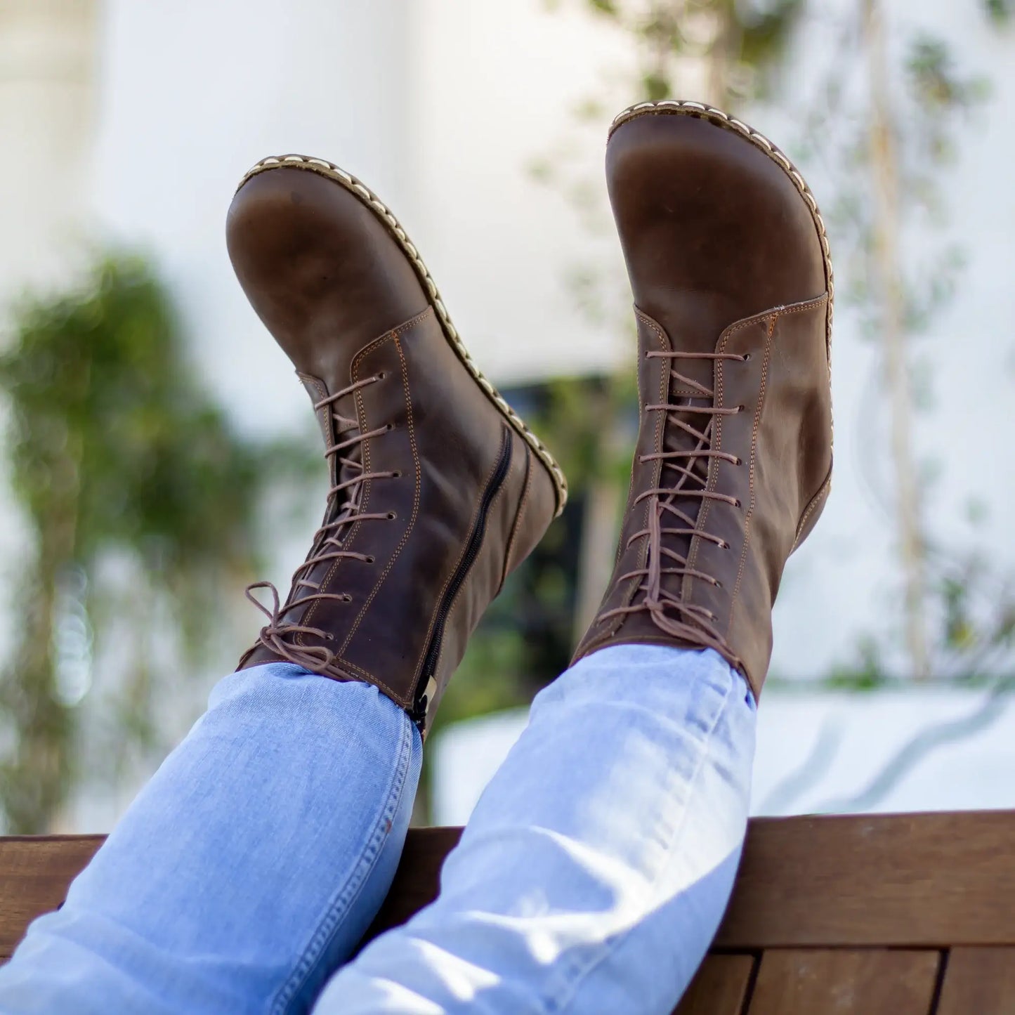 barefoot men’s brown leather lace up grounding boots