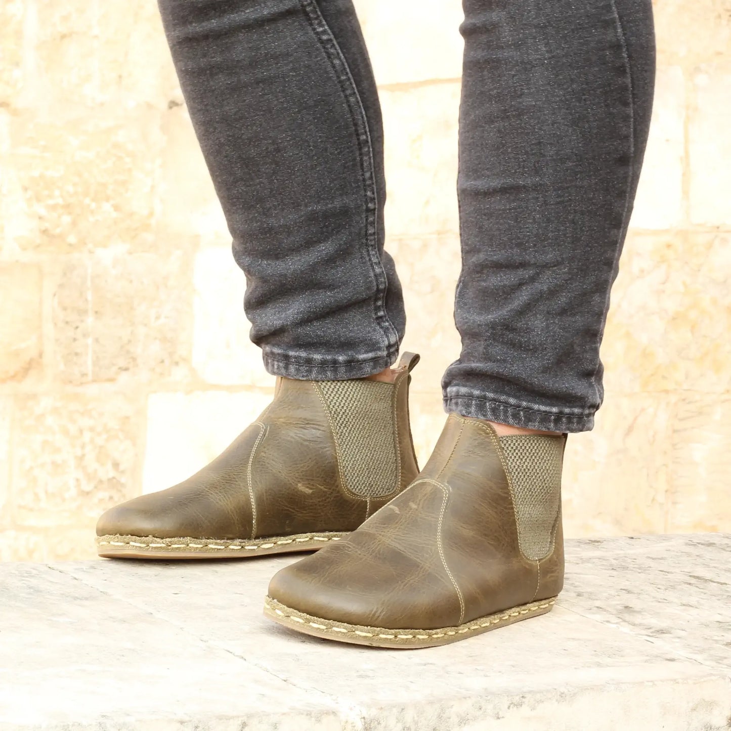 barefoot mens military green handmade chelsea leather boots