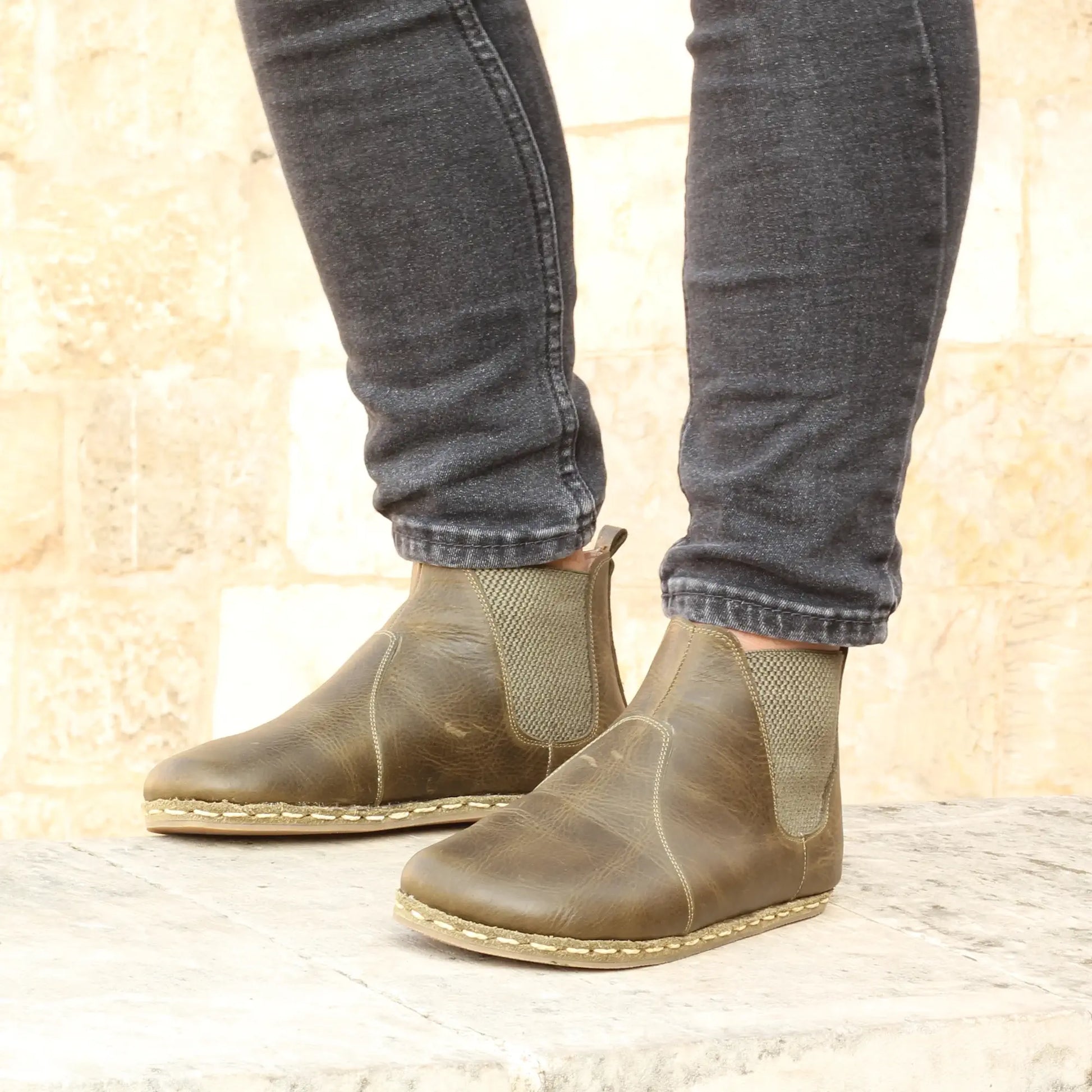 barefoot mens military green handmade chelsea leather boots