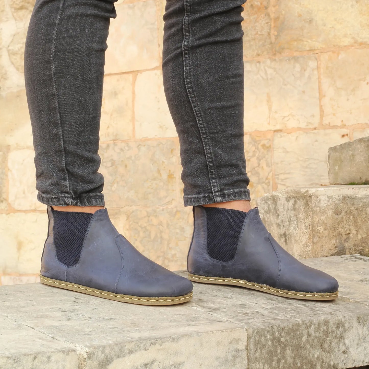 barefoot mens navy blue handmade chelsea leather boots