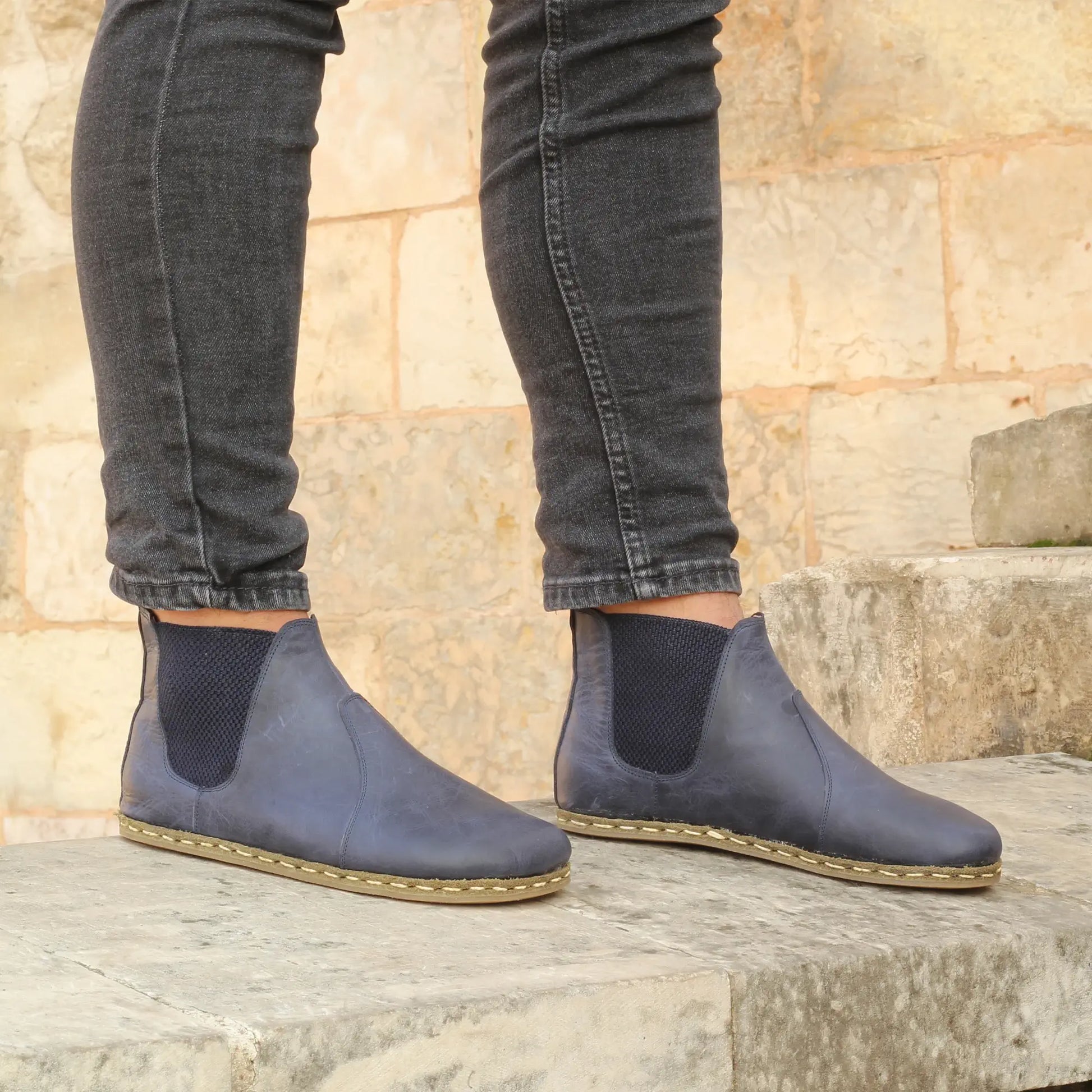 barefoot mens navy blue handmade chelsea leather boots