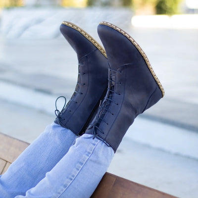 barefoot men’s navy blue leather lace up grounding boots