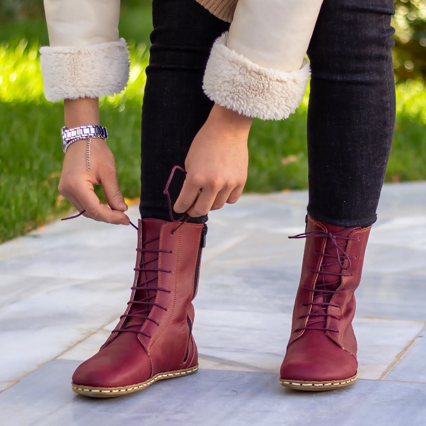 barefoot womens burgundy lace up handmade leather boots