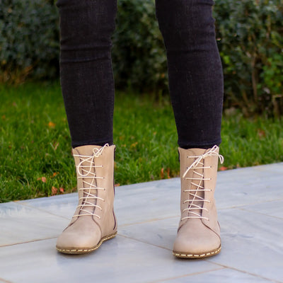 barefoot womens cream lace up handmade leather boots