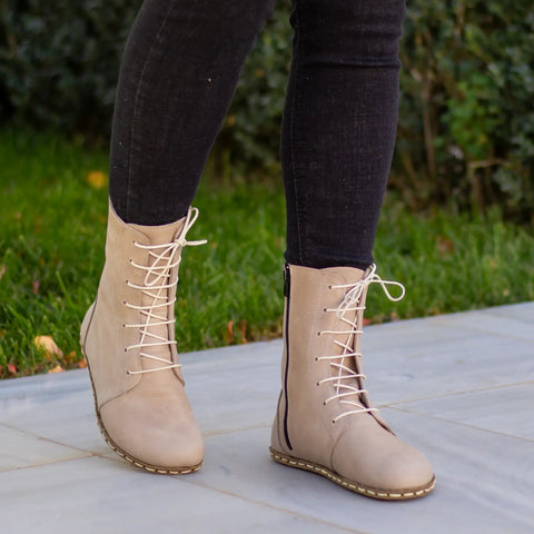 barefoot womens cream leather lace up comfort boots