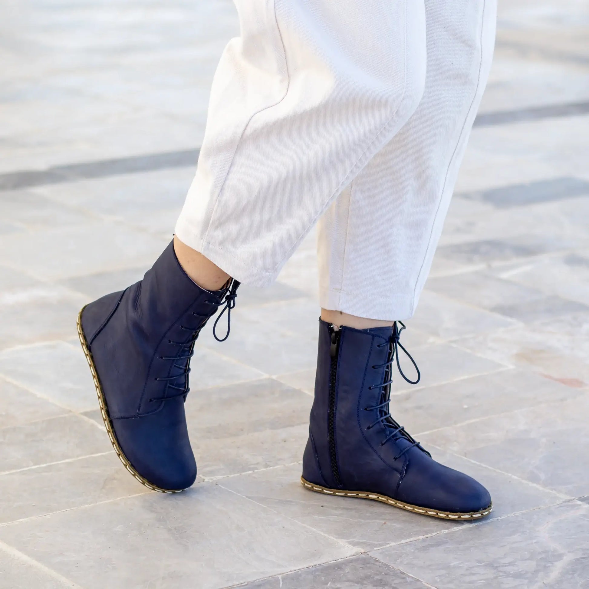 barefoot womens navy blue lace up handmade leather boots