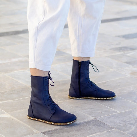 barefoot womens stylish navy blue lace up leather boots