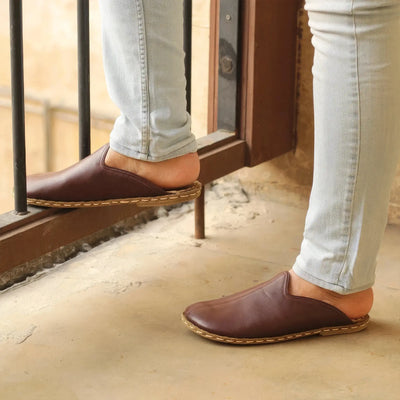 bitter brown leather slippers barefoot closed design