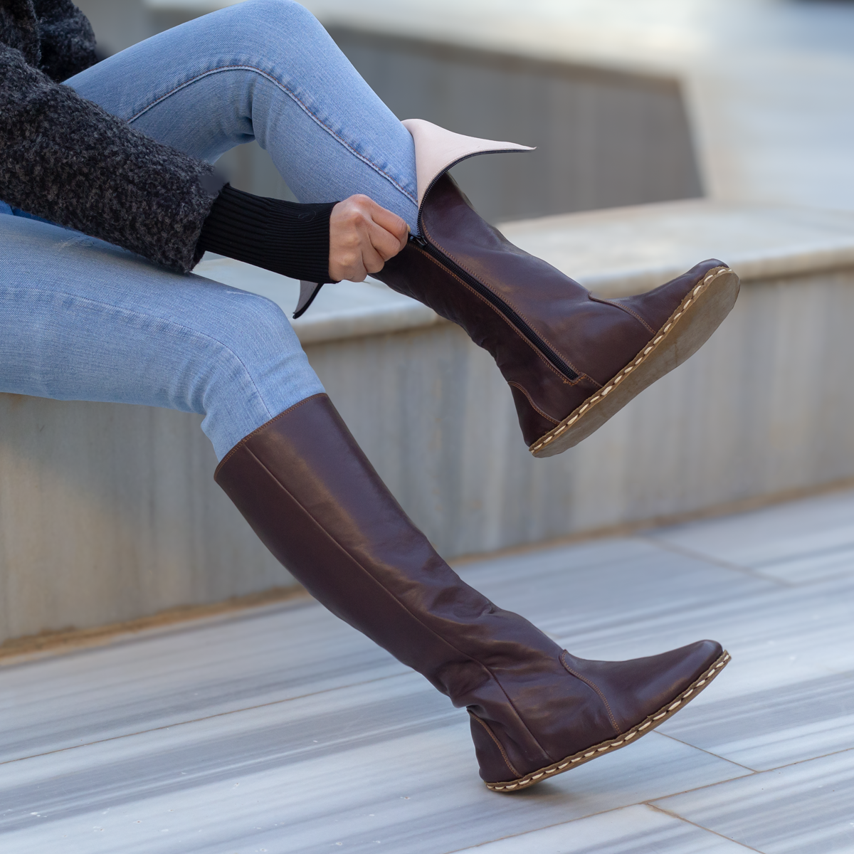 Bitter Brown Women's Leather Barefoot Earthing Long Boots-Horse Boots Women-Nefes Shoes-5-Nefes Shoes