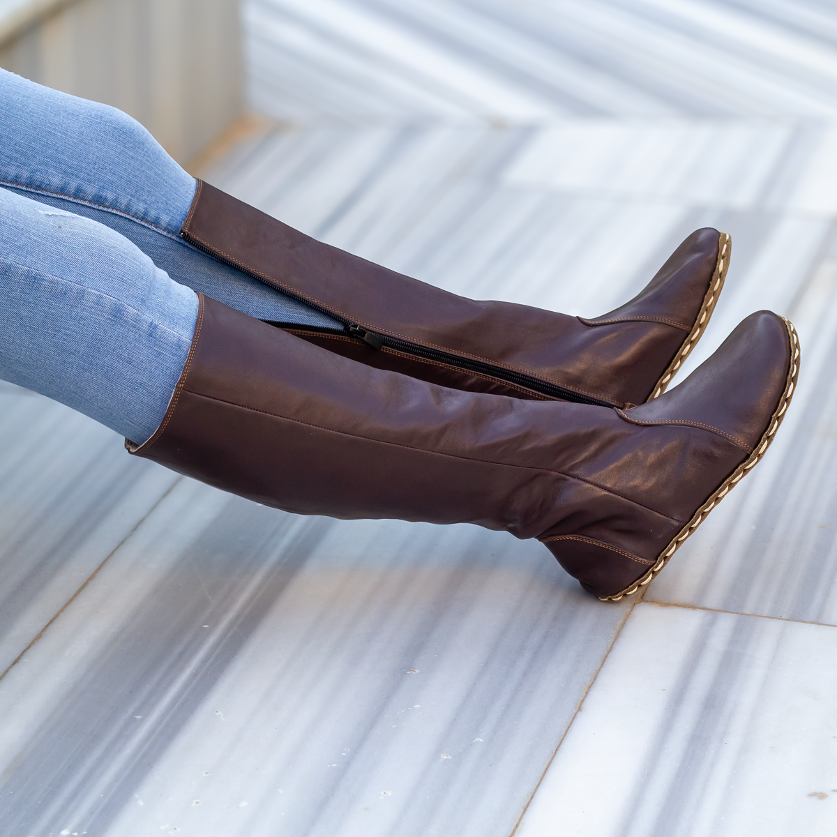 Bitter Brown Women's Leather Barefoot Earthing Long Boots-Horse Boots Women-Nefes Shoes-5-Nefes Shoes